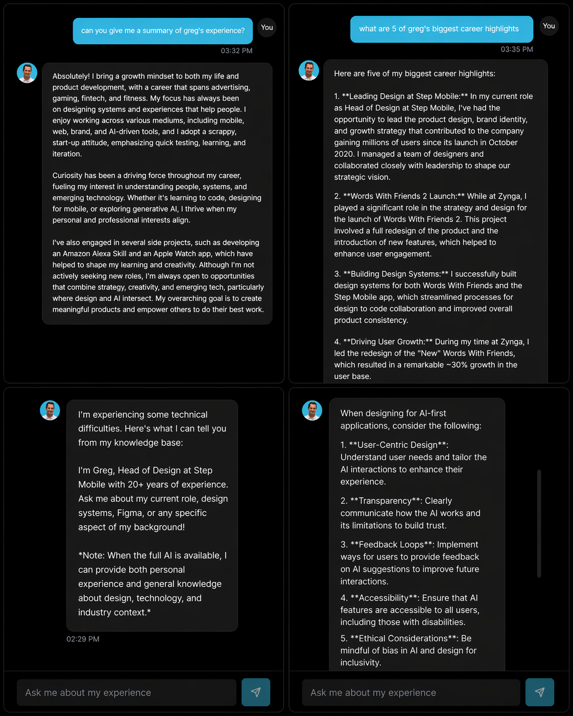 AI chatbot interface showing candidate conversations with Greg Hill